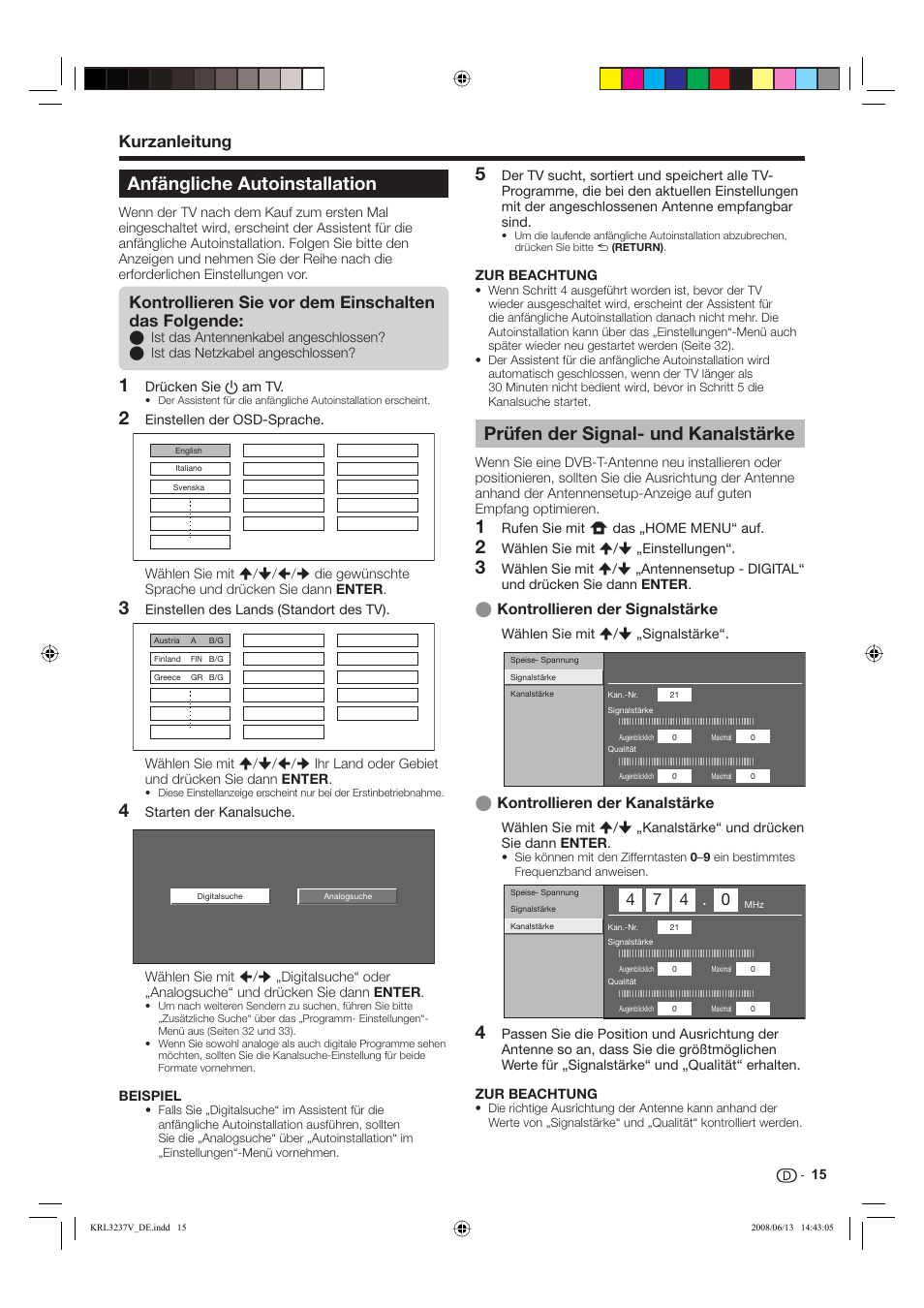 Anfängliche autoinstallation, Prüfen der signal- und kanalstärke, Kurzanleitung | Kontrollieren sie vor dem einschalten das folgende, Kontrollieren der signalstärke, Kontrollieren der kanalstärke | Pioneer KRL-32V User Manual | Page 114 / 340
