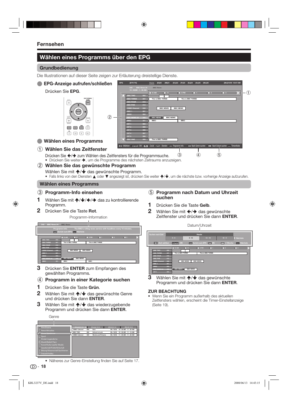 Wählen eines programms über den epg, Fernsehen, Programm-info einsehen | Programm in einer kategorie suchen, Programm nach datum und uhrzeit suchen, Wählen eines programms wählen sie das zeitfenster, Grundbedienung, Epg-anzeige aufrufen/schließen, Ewählen eines programms, Wählen sie das gewünschte programm | Pioneer KRL-32V User Manual | Page 117 / 340