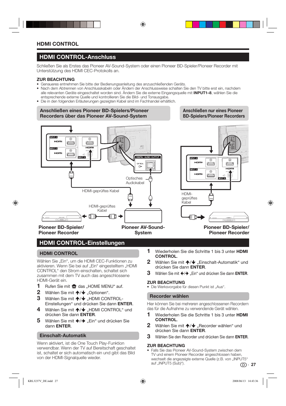 Hdmi control-anschluss | Pioneer KRL-32V User Manual | Page 126 / 340