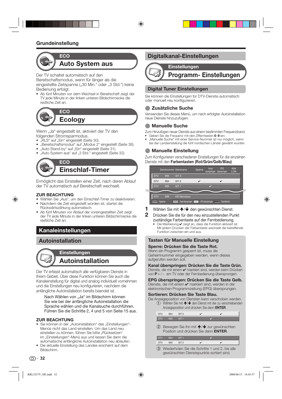 Ecology, Autoinstallation, Programm- einstellungen | Auto system aus, Einschlaf-timer, Kanaleinstellungen autoinstallation, Digitalkanal-einstellungen, Grundeinstellung, Einstellungen, Einstellungen digital tuner einstellungen | Pioneer KRL-32V User Manual | Page 131 / 340