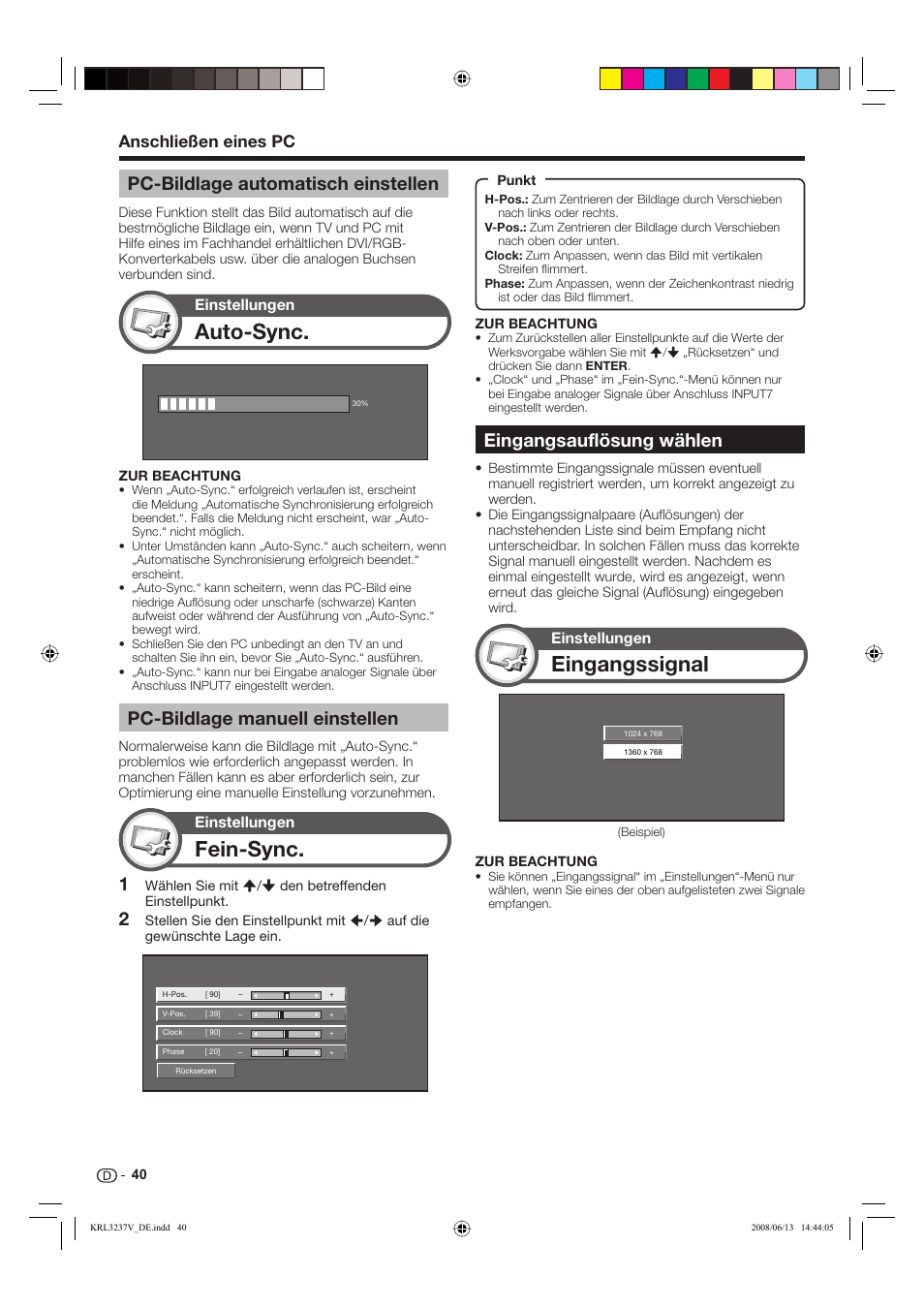 Fein-sync, Eingangssignal, Auto-sync | Eingangsauflösung wählen, Pc-bildlage manuell einstellen, Pc-bildlage automatisch einstellen, Anschließen eines pc, Einstellungen | Pioneer KRL-32V User Manual | Page 139 / 340