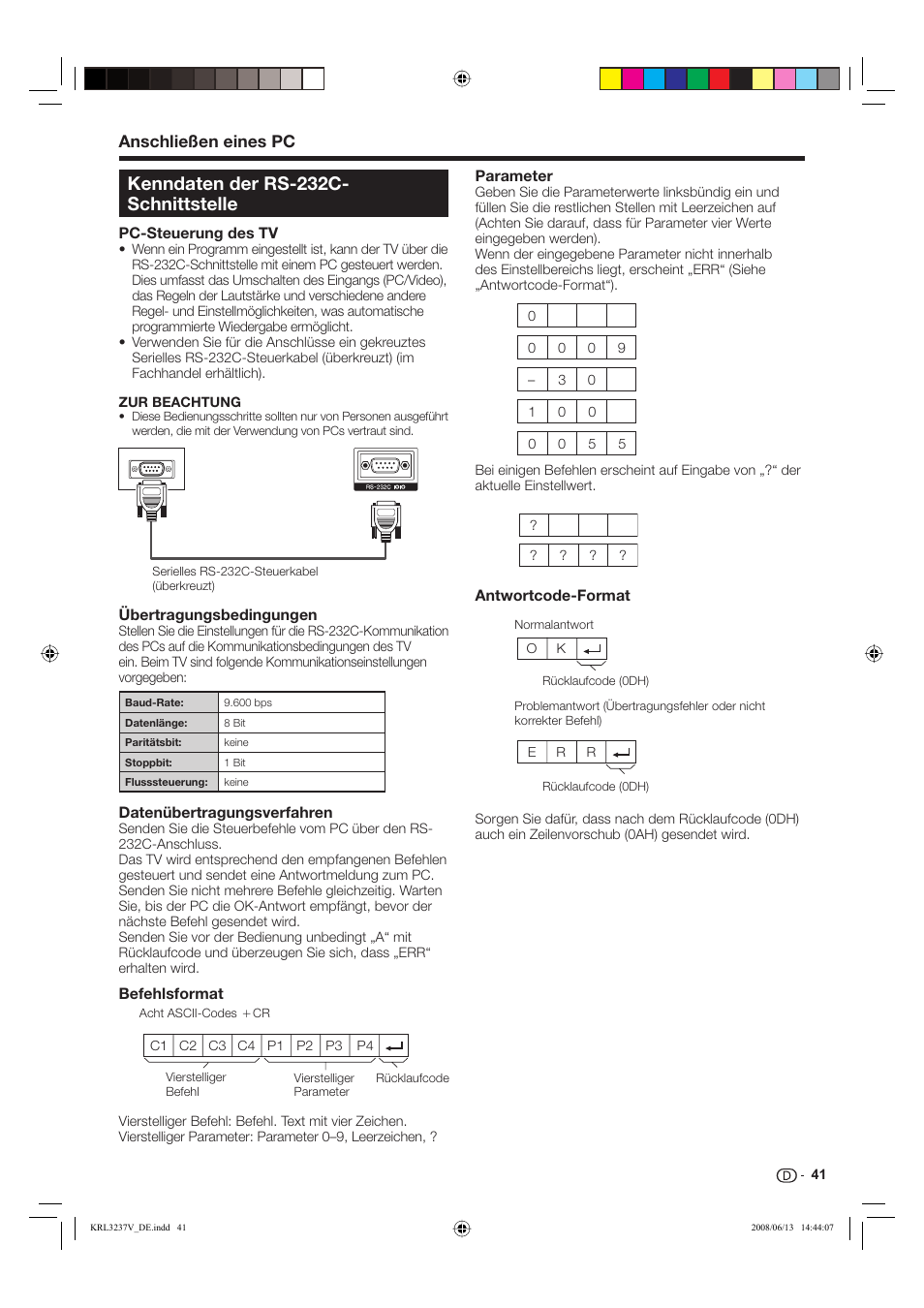 Kenndaten der rs-232c- schnittstelle, Anschließen eines pc | Pioneer KRL-32V User Manual | Page 140 / 340