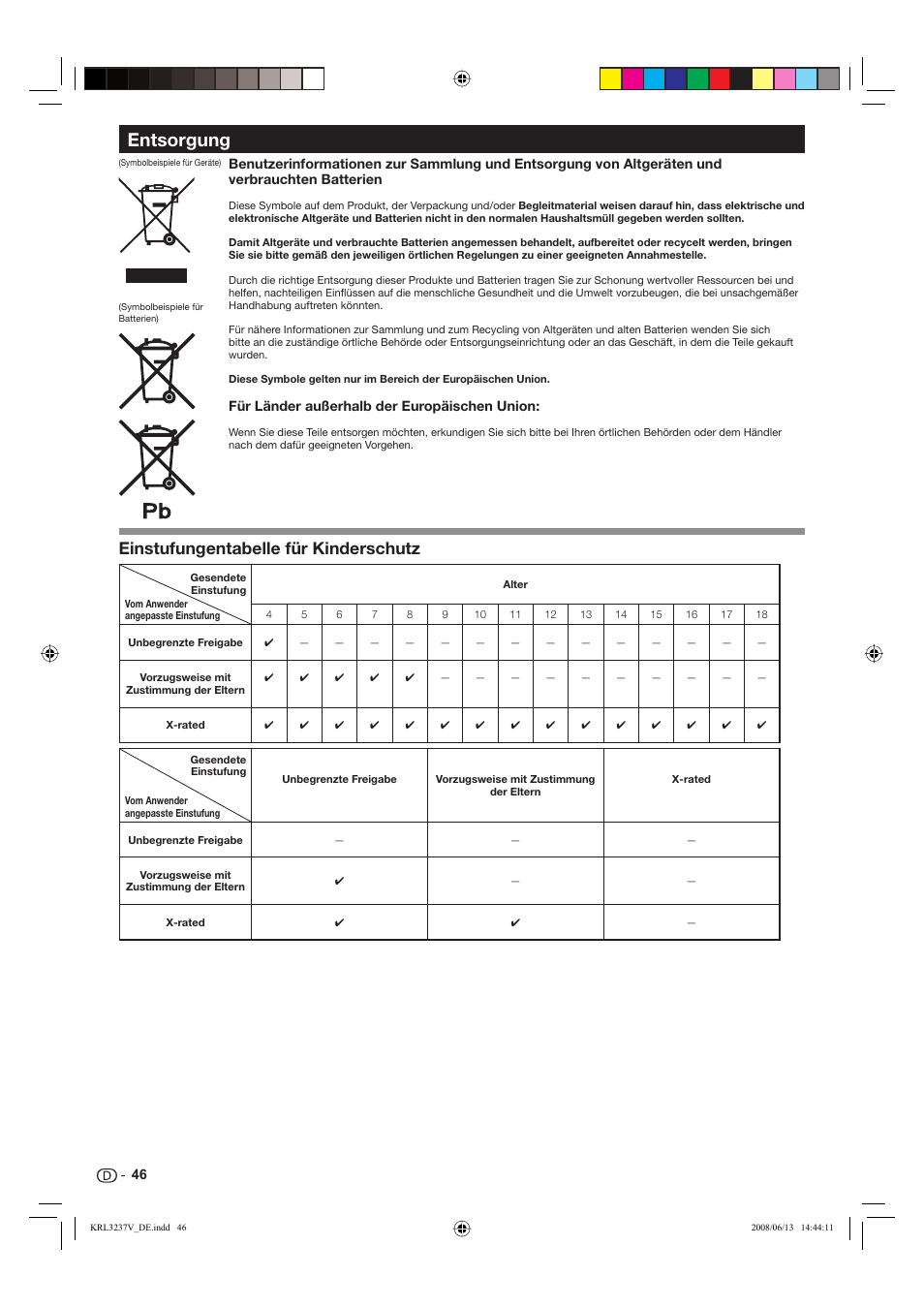 Entsorgung, Einstufungentabelle für kinderschutz | Pioneer KRL-32V User Manual | Page 145 / 340