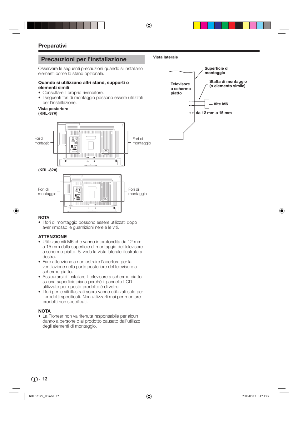 Precauzioni per l’installazione, Preparativi | Pioneer KRL-32V User Manual | Page 159 / 340