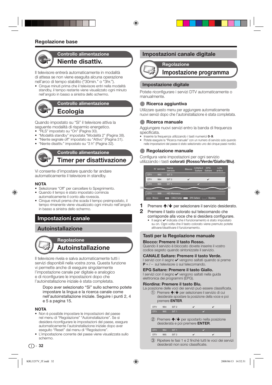 Ecologia, Autoinstallazione, Impostazione programma | Niente disattiv, Timer per disattivazione, Impostazioni canale digitale, Impostazioni canale autoinstallazione, Regolazione base, Controllo alimentazione, Regolazione | Pioneer KRL-32V User Manual | Page 179 / 340