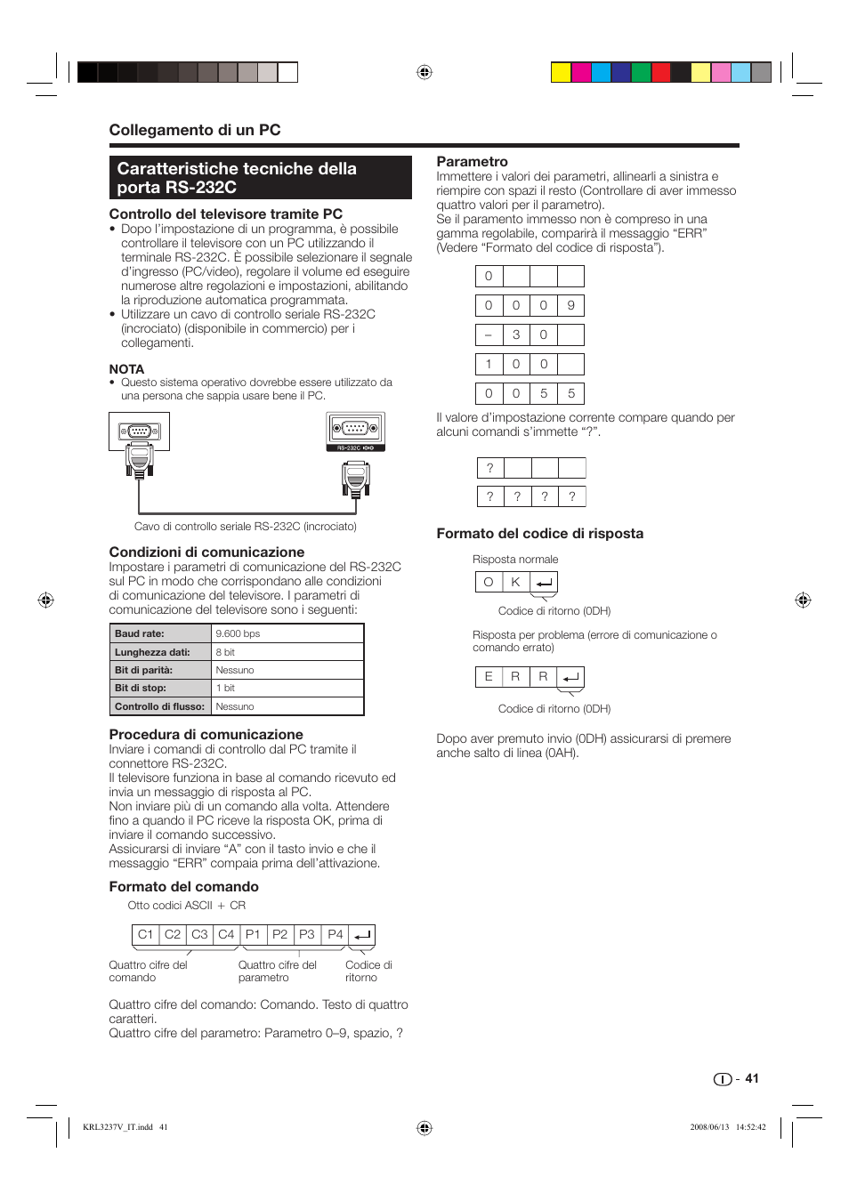 Caratteristiche tecniche della porta rs-232c, Collegamento di un pc | Pioneer KRL-32V User Manual | Page 188 / 340