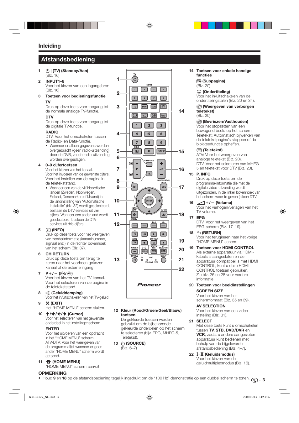 Afstandsbediening, Inleiding | Pioneer KRL-32V User Manual | Page 198 / 340