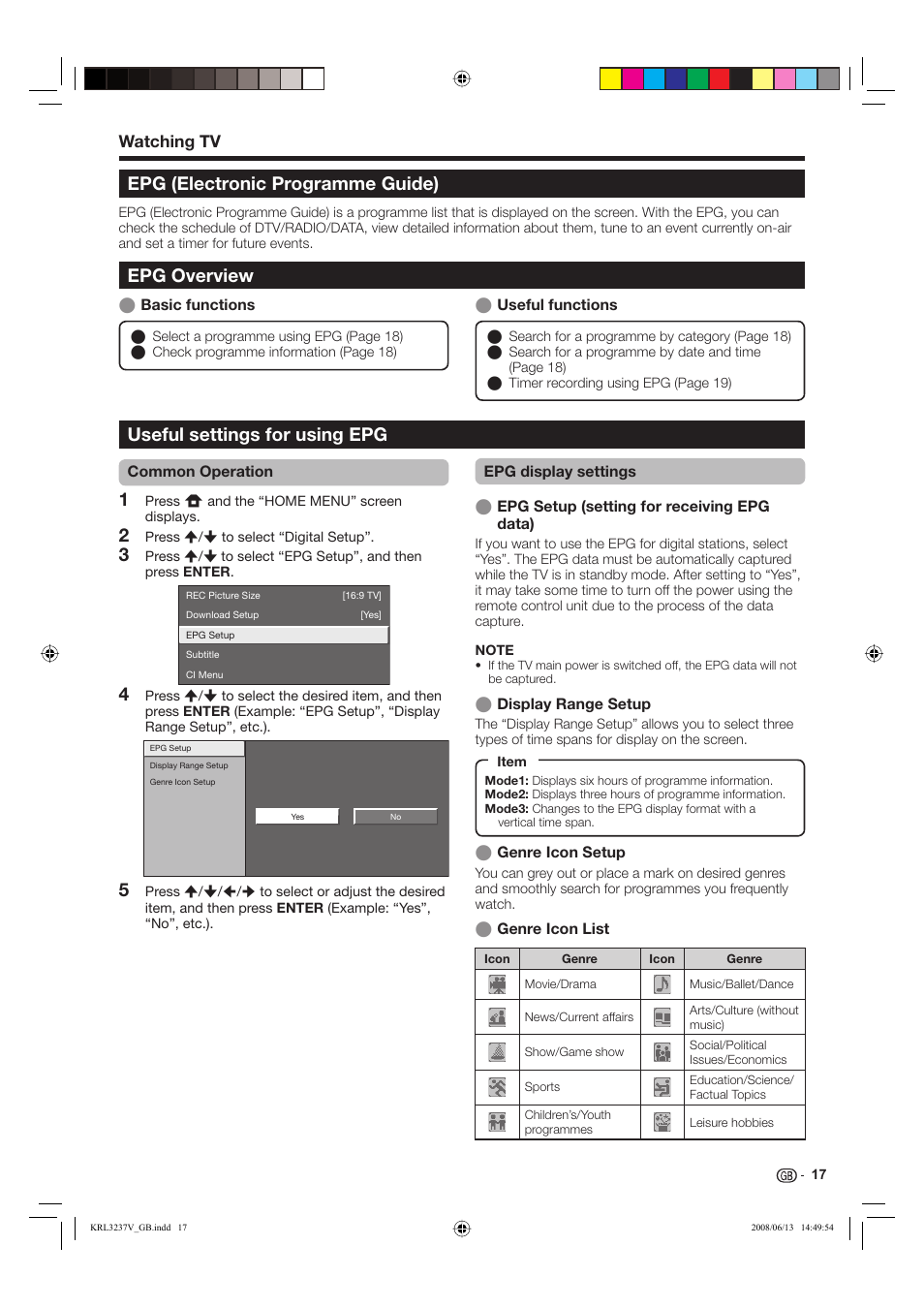 Epg overview, Useful settings for using epg, Watching tv | Pioneer KRL-32V User Manual | Page 20 / 340