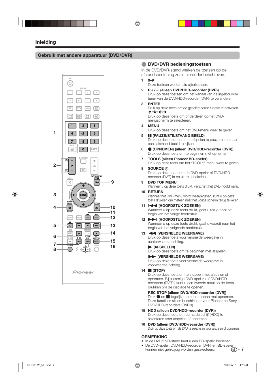 Inleiding, Gebruik met andere apparatuur (dvd/dvr), Opmerking | Pioneer KRL-32V User Manual | Page 202 / 340