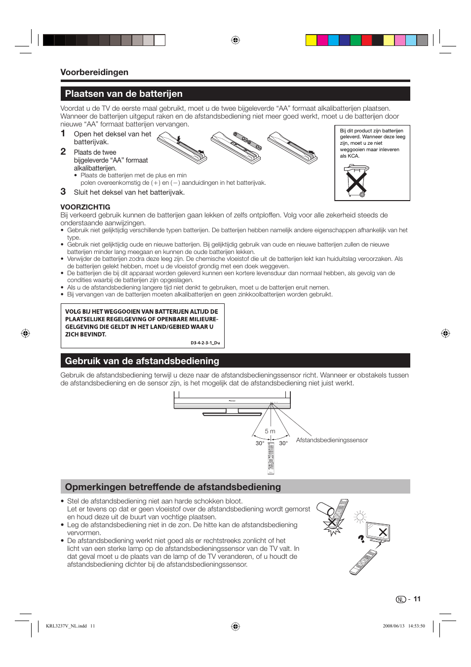 Plaatsen van de batterijen, Opmerkingen betreffende de afstandsbediening, Gebruik van de afstandsbediening | Pioneer KRL-32V User Manual | Page 206 / 340
