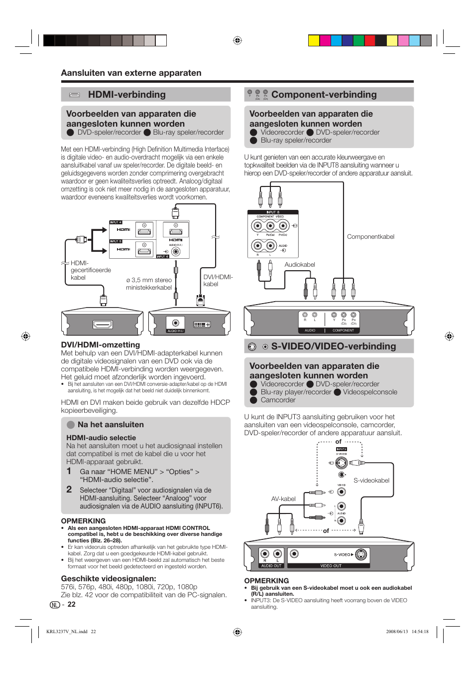 Hdmi-verbinding, Component-verbinding, S-video/video-verbinding | Aansluiten van externe apparaten, Dvi/hdmi-omzetting, Geschikte videosignalen, Na het aansluiten | Pioneer KRL-32V User Manual | Page 217 / 340
