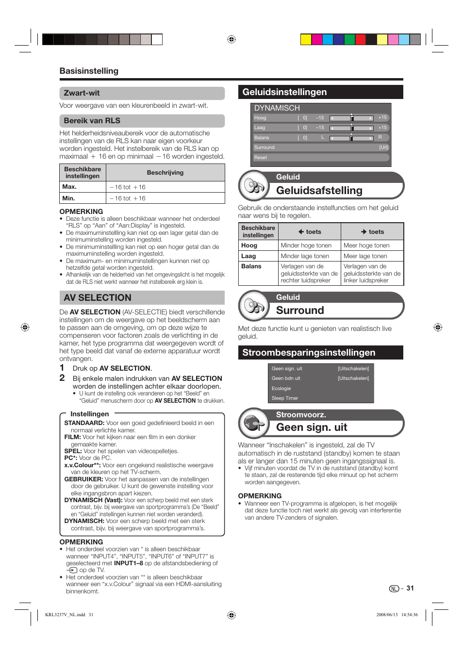 Geluidsafstelling, Surround, Geen sign. uit | Av selection, Geluidsinstellingen, Stroombesparingsinstellingen, Basisinstelling | Pioneer KRL-32V User Manual | Page 226 / 340