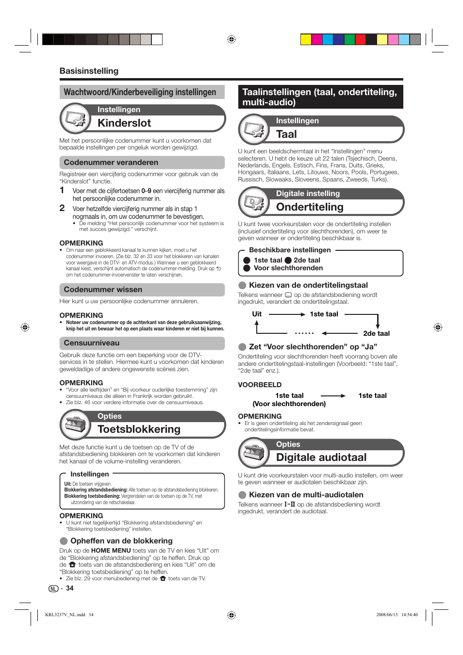 Kinderslot, Taal, Ondertiteling | Digitale audiotaal, Toetsblokkering, Wachtwoord/kinderbeveiliging instellingen | Pioneer KRL-32V User Manual | Page 229 / 340