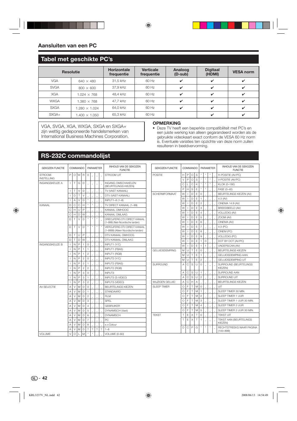 Tabel met geschikte pc’s, Rs-232c commandolijst, Aansluiten van een pc | Opmerking | Pioneer KRL-32V User Manual | Page 237 / 340