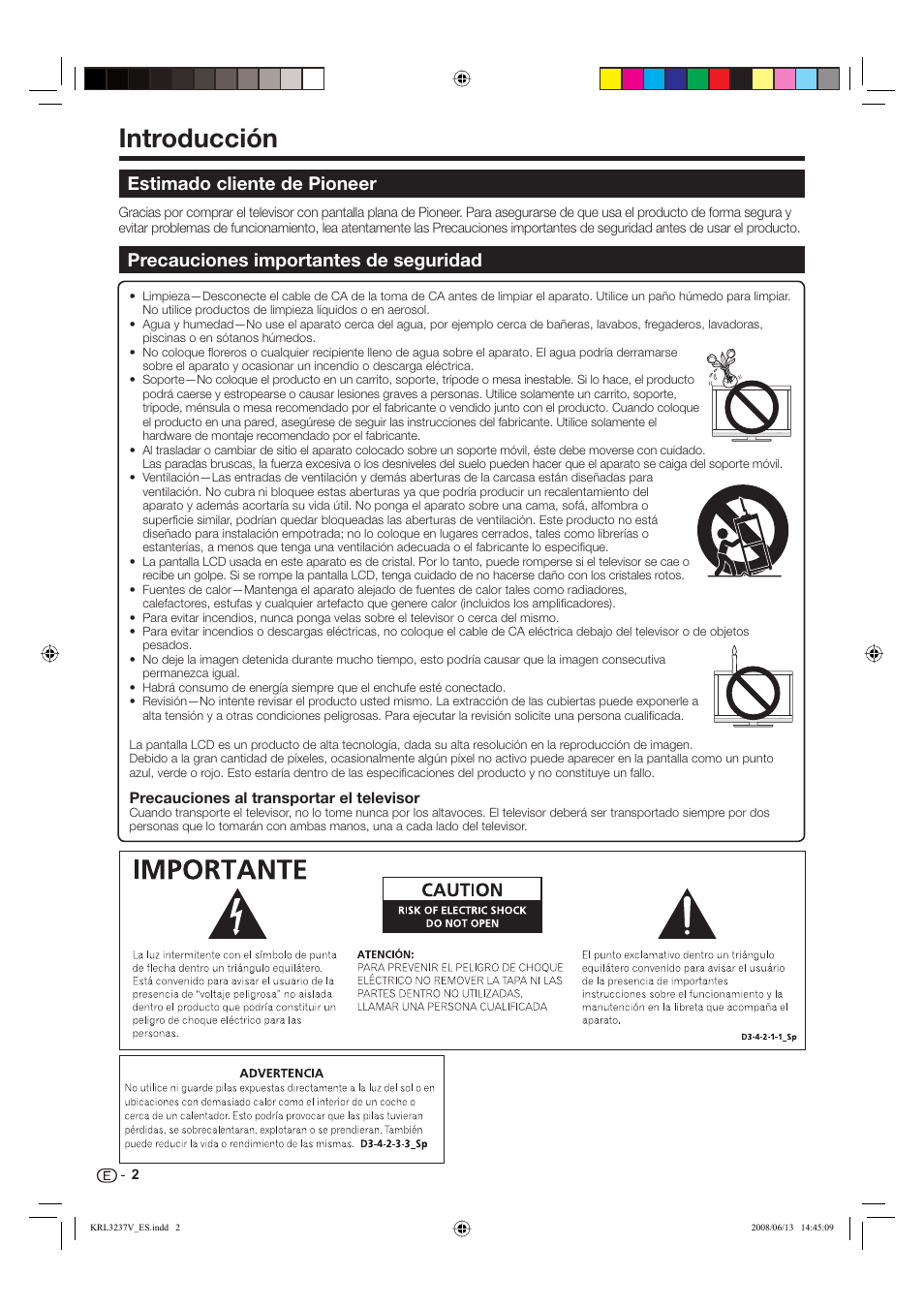 Introducción, Estimado cliente de pioneer, Precauciones importantes de seguridad | Pioneer KRL-32V User Manual | Page 245 / 340