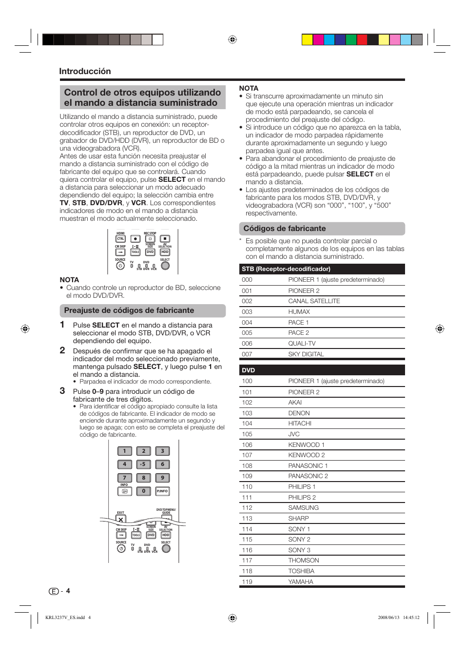 Introducción, Preajuste de códigos de fabricante, Códigos de fabricante | Pioneer KRL-32V User Manual | Page 247 / 340