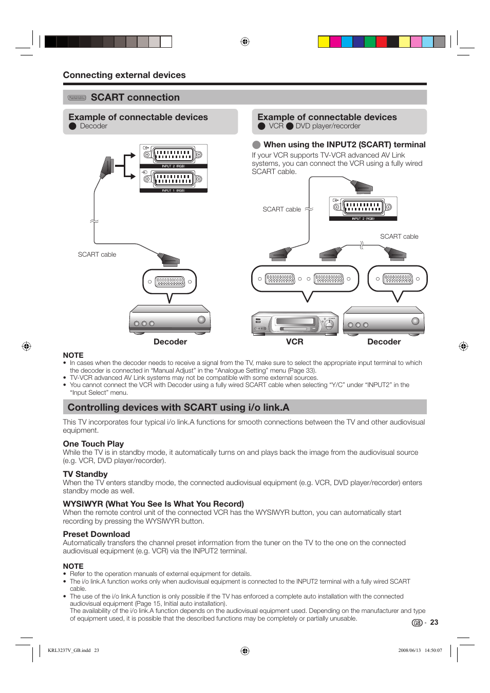 Controlling devices with scart using i/o link.a, Scart connection | Pioneer KRL-32V User Manual | Page 26 / 340