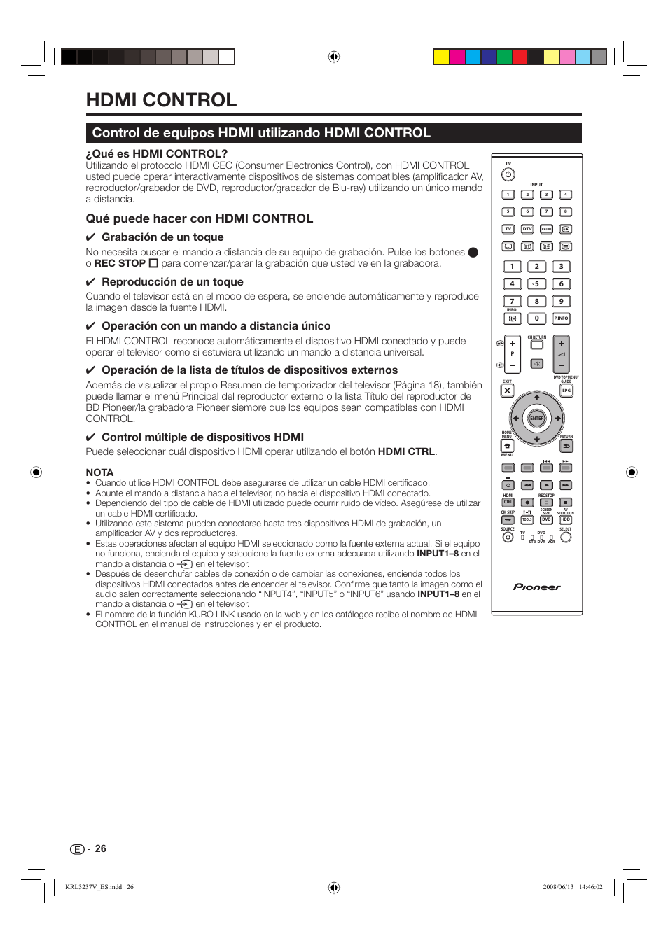 Hdmi control, Control de equipos hdmi utilizando hdmi control, Qué puede hacer con hdmi control | Qué es hdmi control, Grabación de un toque, Reproducción de un toque, Operación con un mando a distancia único, Control múltiple de dispositivos hdmi | Pioneer KRL-32V User Manual | Page 269 / 340