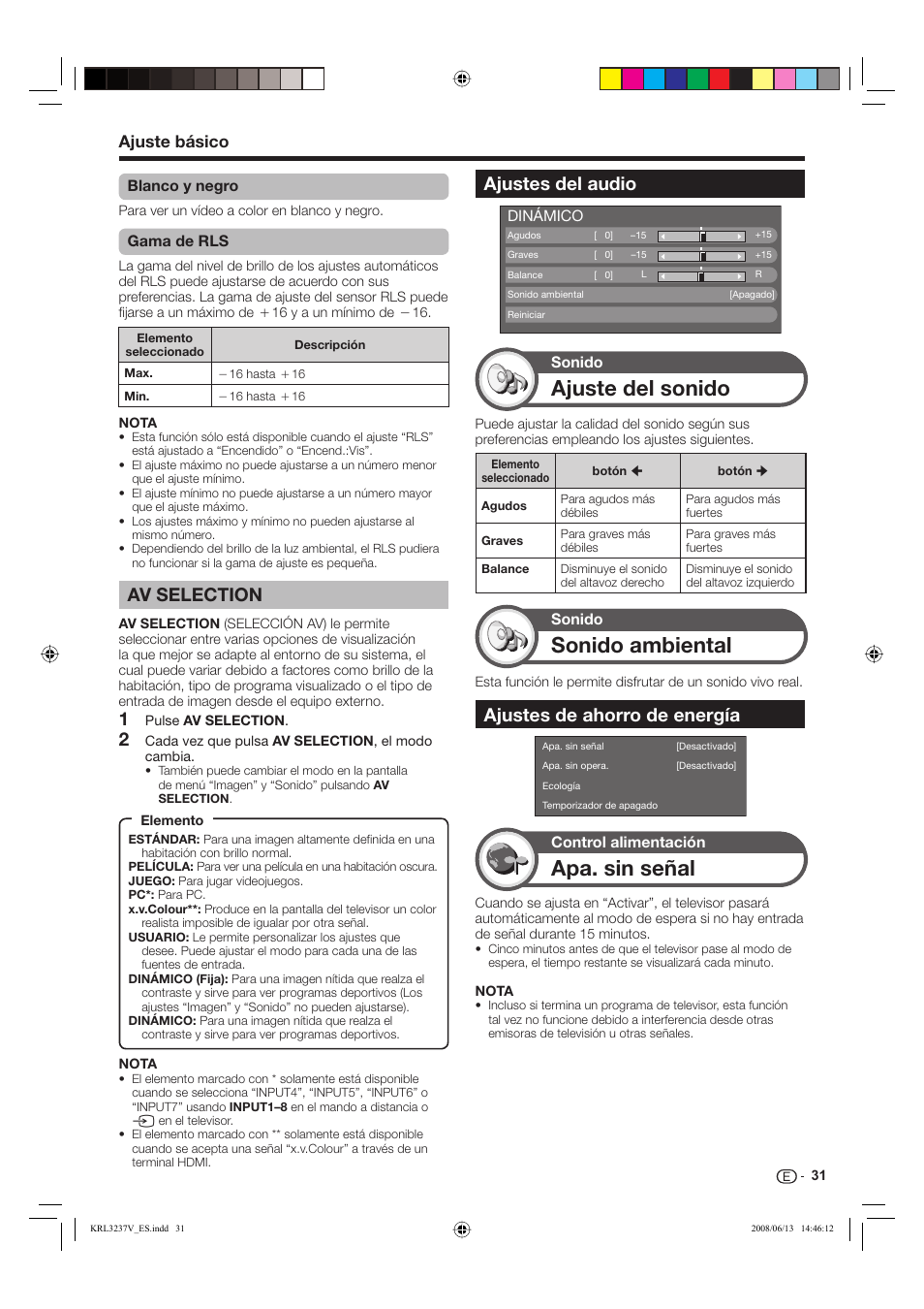 Ajuste del sonido, Sonido ambiental, Apa. sin señal | Av selection, Ajustes del audio, Ajustes de ahorro de energía, Ajuste básico | Pioneer KRL-32V User Manual | Page 274 / 340
