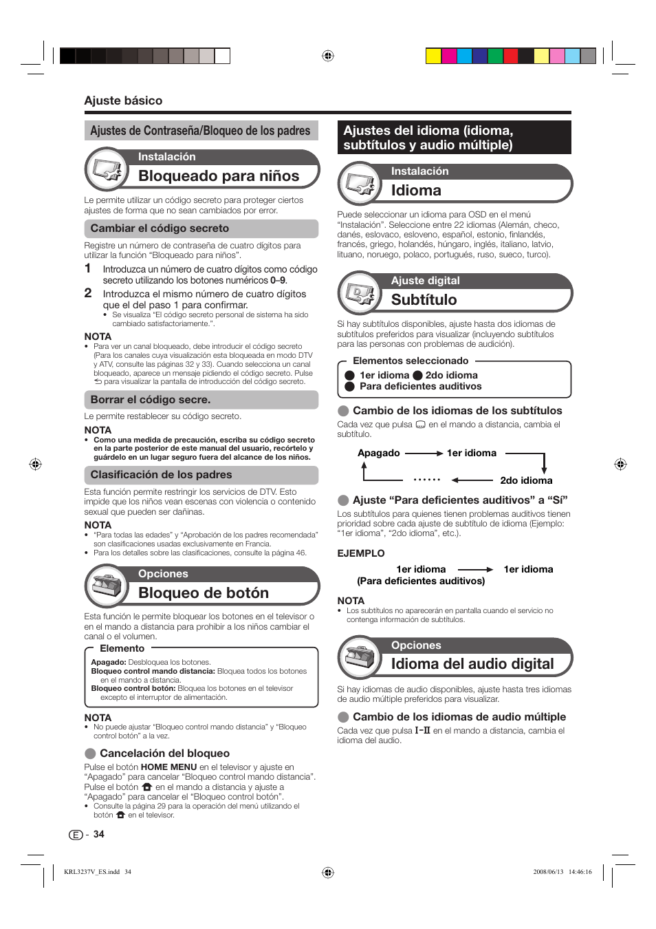 Bloqueado para niños, Idioma, Subtítulo | Idioma del audio digital, Bloqueo de botón, Ajustes de contraseña/bloqueo de los padres | Pioneer KRL-32V User Manual | Page 277 / 340