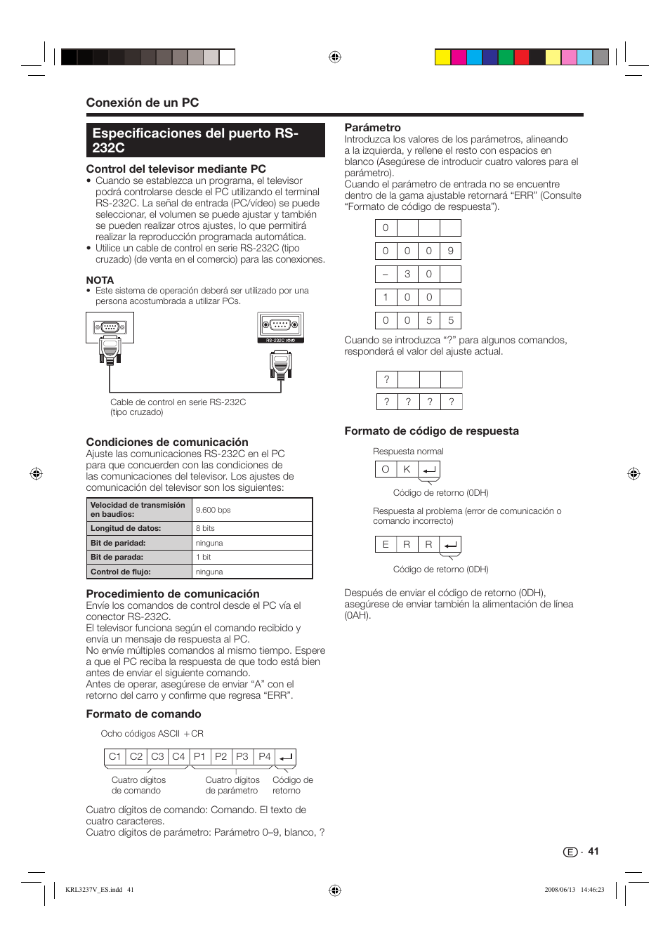 Especificaciones del puerto rs- 232c, Conexión de un pc | Pioneer KRL-32V User Manual | Page 284 / 340