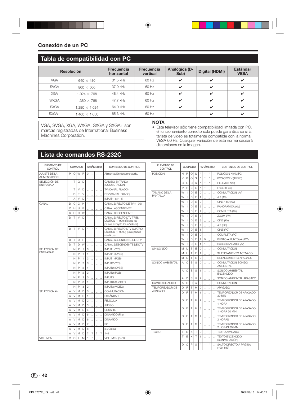 Tabla de compatibilidad con pc, Lista de comandos rs-232c, Conexión de un pc | Nota | Pioneer KRL-32V User Manual | Page 285 / 340