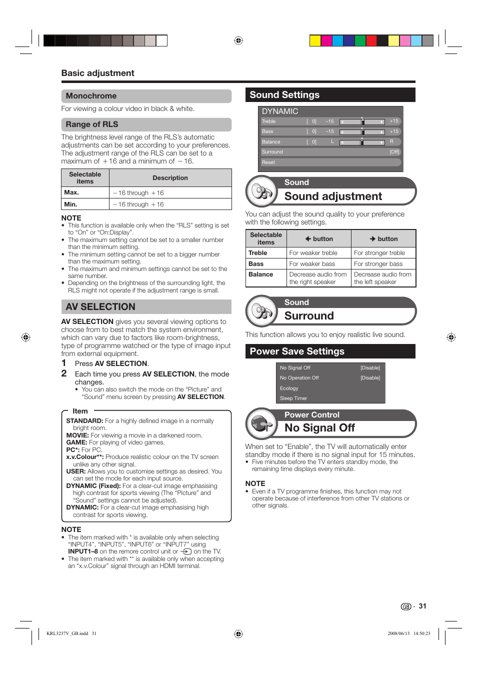 Sound adjustment, Surround, No signal off | Av selection, Sound settings, Power save settings, Basic adjustment | Pioneer KRL-32V User Manual | Page 34 / 340