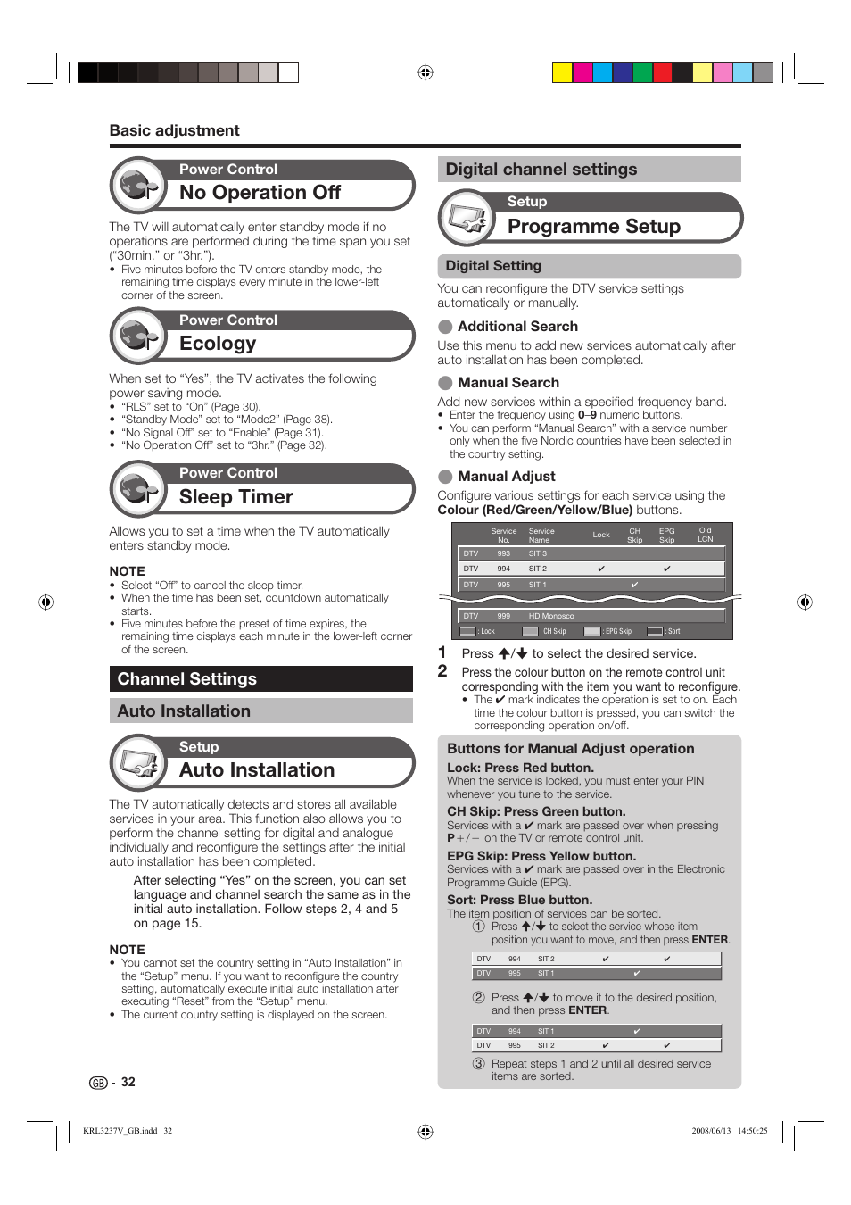 No operation off, Ecology, Sleep timer | Auto installation, Programme setup, Channel settings auto installation, Digital channel settings, Basic adjustment, Power control, Setup | Pioneer KRL-32V User Manual | Page 35 / 340
