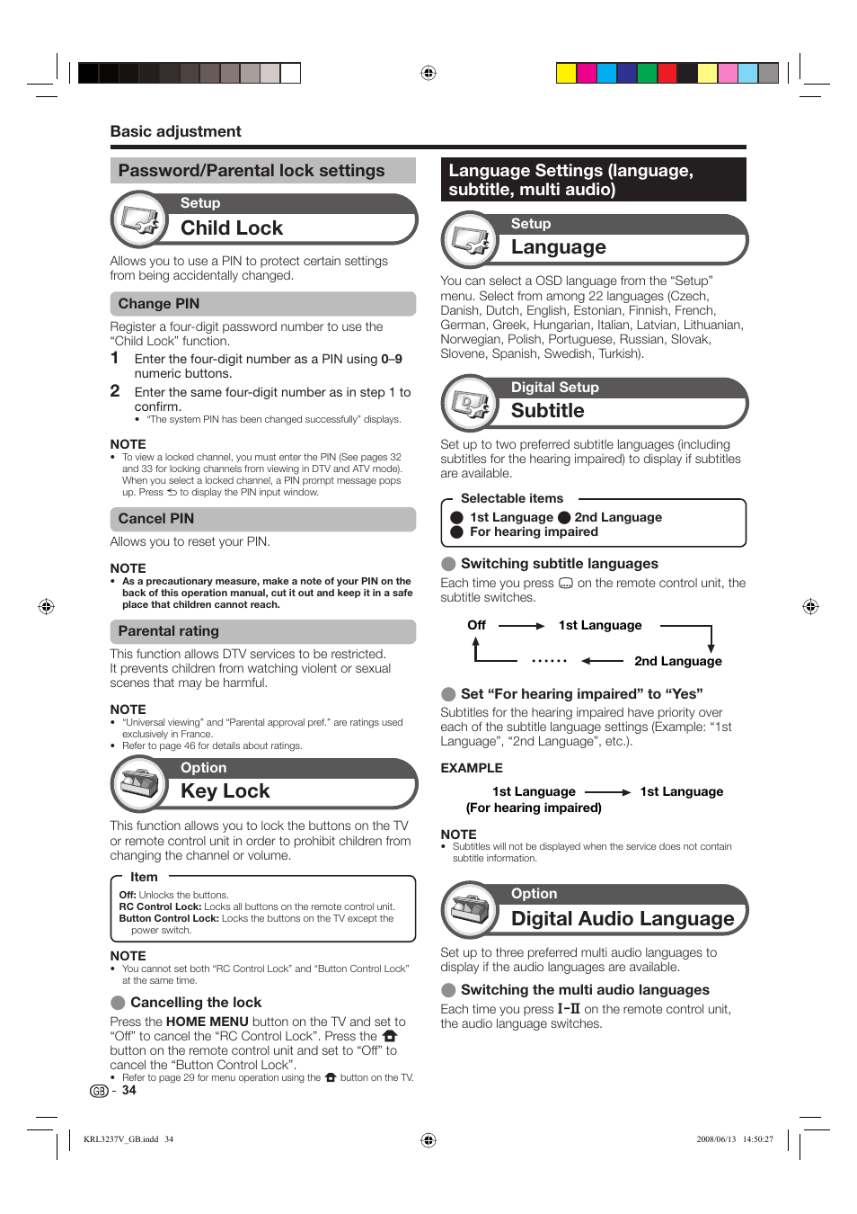 Child lock, Language, Subtitle | Digital audio language, Key lock, Password/parental lock settings | Pioneer KRL-32V User Manual | Page 37 / 340