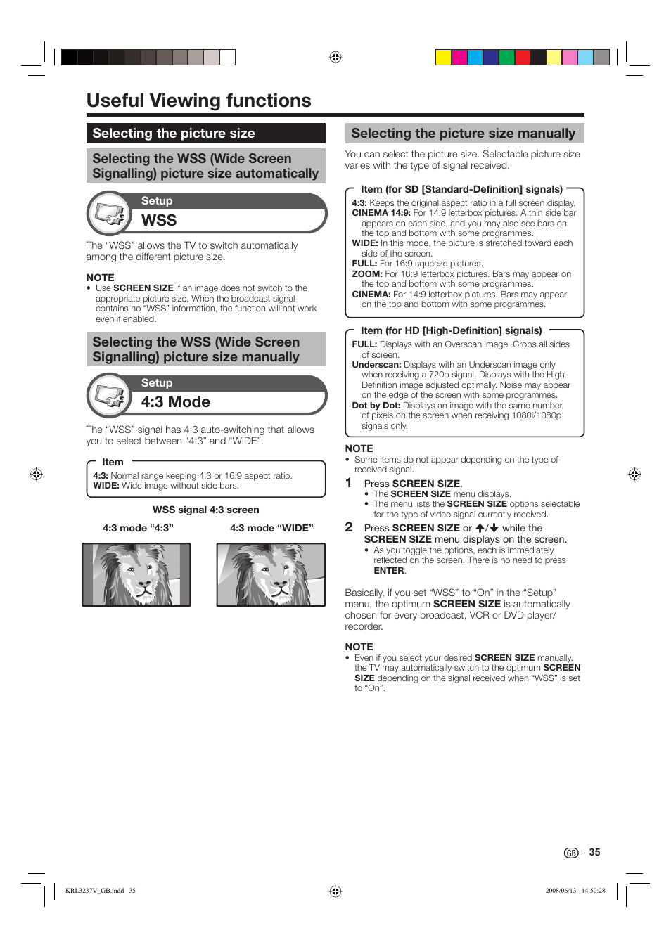 Useful viewing functions, 3 mode, Selecting the picture size manually | Pioneer KRL-32V User Manual | Page 38 / 340