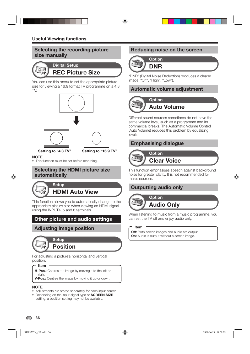Rec picture size, Hdmi auto view, Position | Auto volume, Clear voice, Audio only, Selecting the hdmi picture size automatically, Automatic volume adjustment, Emphasising dialogue, Outputting audio only | Pioneer KRL-32V User Manual | Page 39 / 340