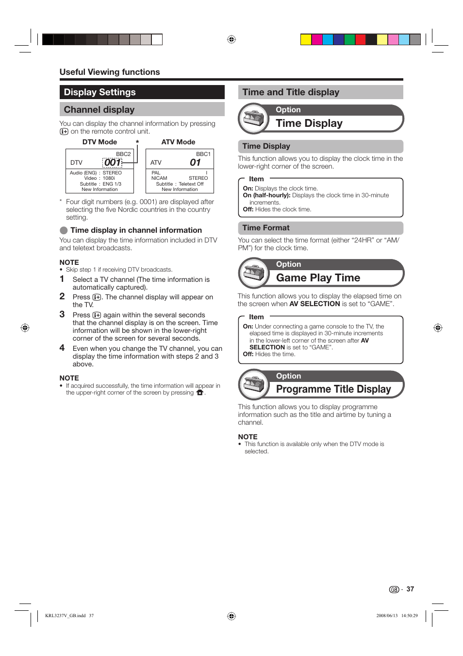Time display, Game play time, Programme title display | Display settings channel display, Time and title display, Useful viewing functions | Pioneer KRL-32V User Manual | Page 40 / 340