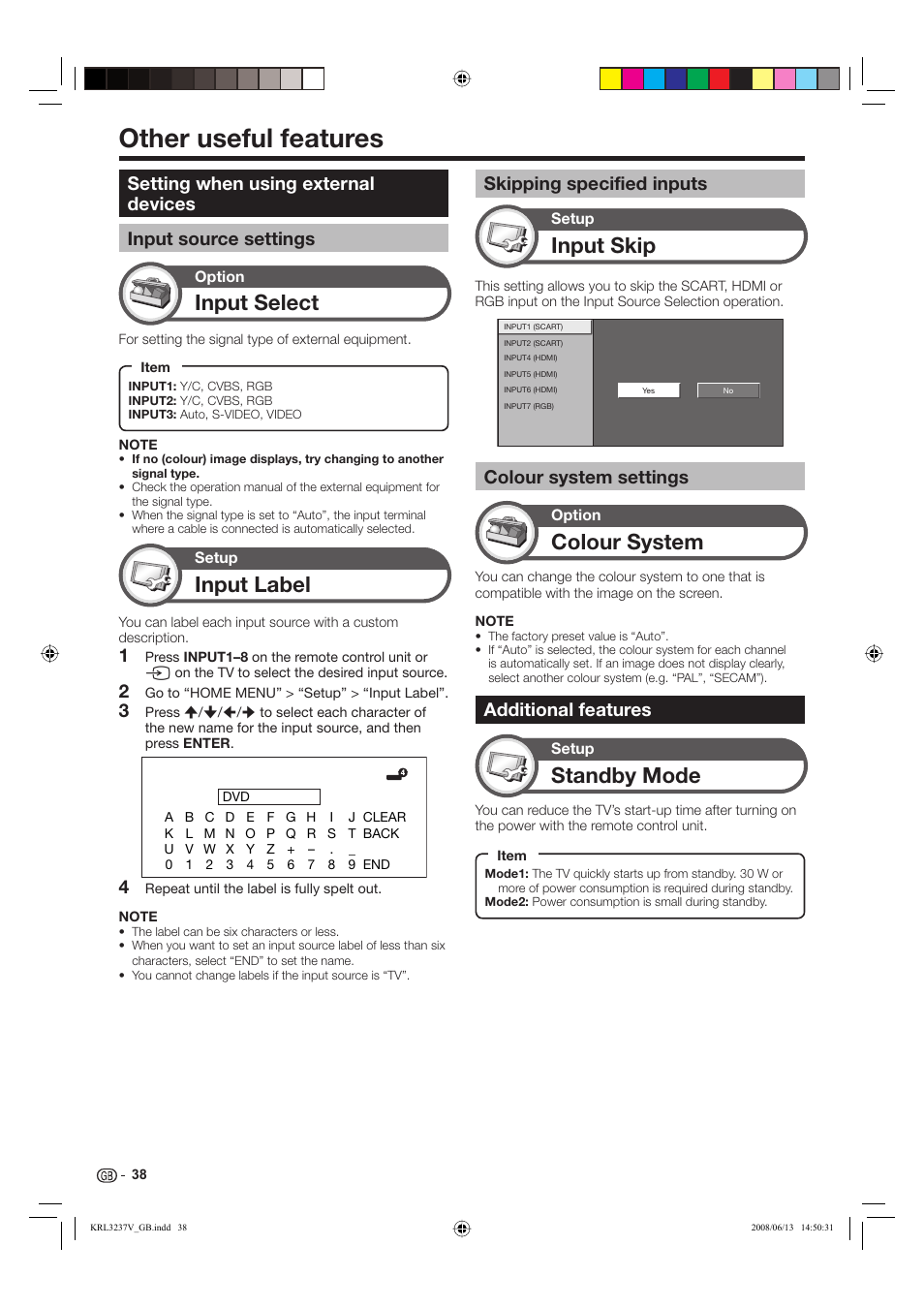 Other useful features, Input select, Input label | Input skip, Standby mode, Colour system, Colour system settings, Additional features, Skipping specified inputs | Pioneer KRL-32V User Manual | Page 41 / 340