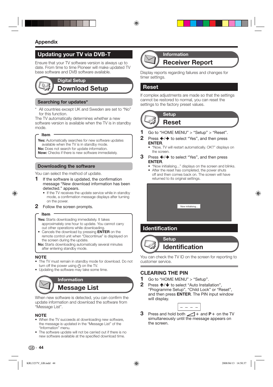 Download setup, Message list, Reset | Identification, Receiver report, Updating your tv via dvb-t | Pioneer KRL-32V User Manual | Page 47 / 340