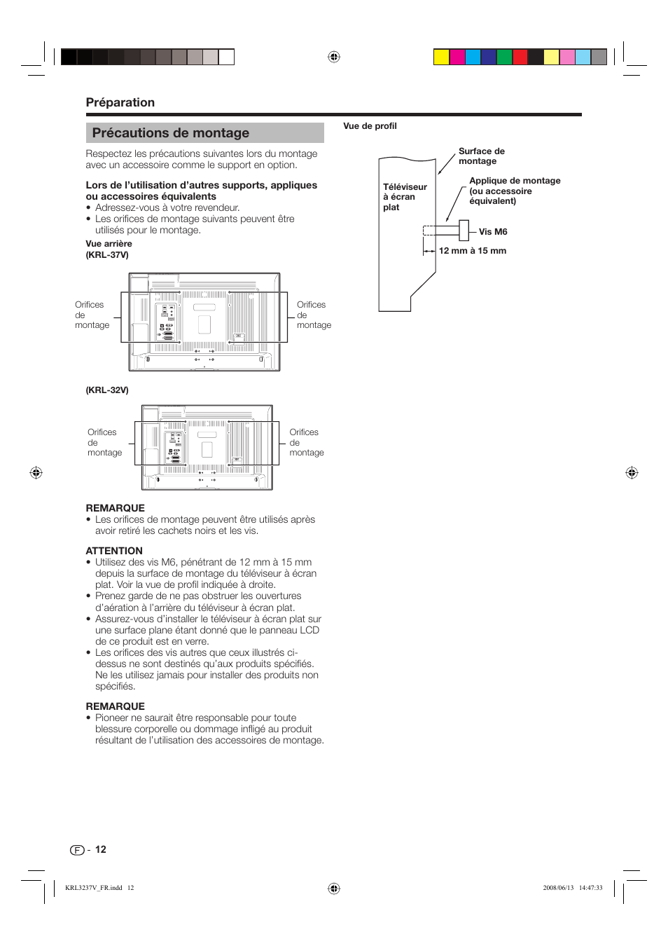 Précautions de montage, Préparation | Pioneer KRL-32V User Manual | Page 63 / 340