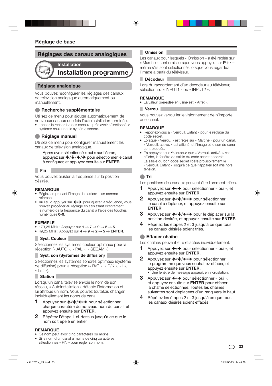 Installation programme, Réglages des canaux analogiques | Pioneer KRL-32V User Manual | Page 84 / 340