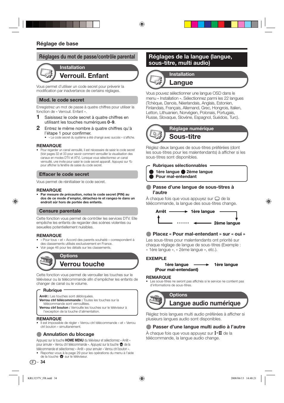 Verrouil. enfant, Langue, Sous-titre | Langue audio numérique, Verrou touche, Réglages du mot de passe/contrôle parental | Pioneer KRL-32V User Manual | Page 85 / 340