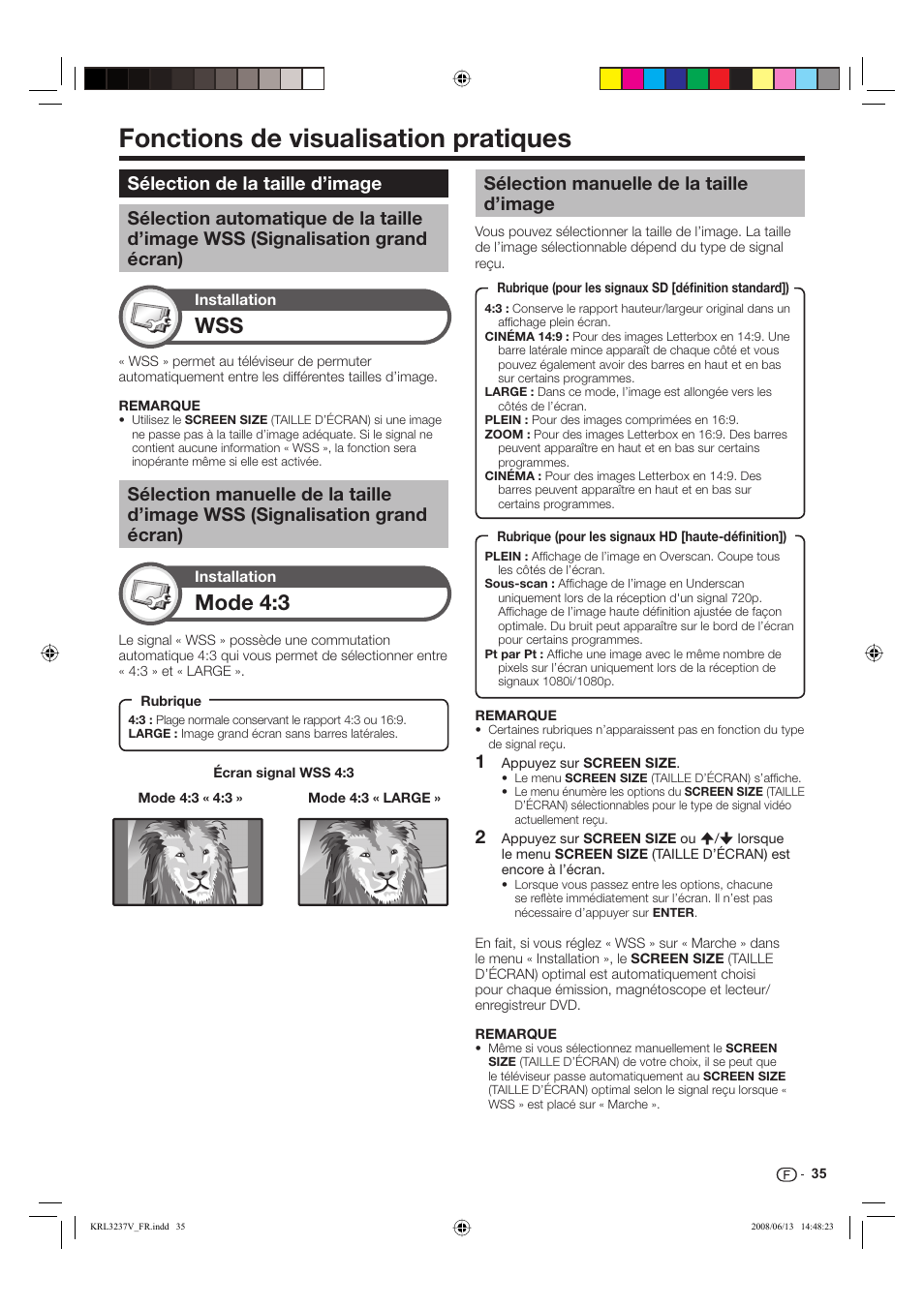 Fonctions de visualisation pratiques, Mode 4:3, Sélection manuelle de la taille d’image | Pioneer KRL-32V User Manual | Page 86 / 340