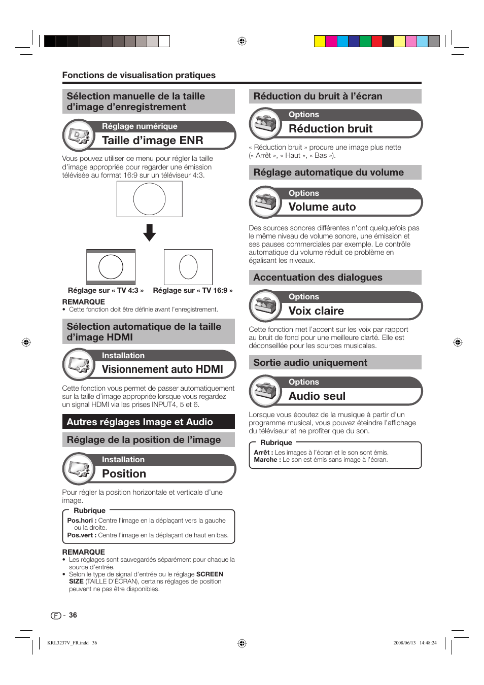 Taille d’image enr, Visionnement auto hdmi, Position | Réduction bruit, Volume auto, Voix claire, Audio seul, Sélection automatique de la taille d’image hdmi, Réglage automatique du volume, Accentuation des dialogues | Pioneer KRL-32V User Manual | Page 87 / 340