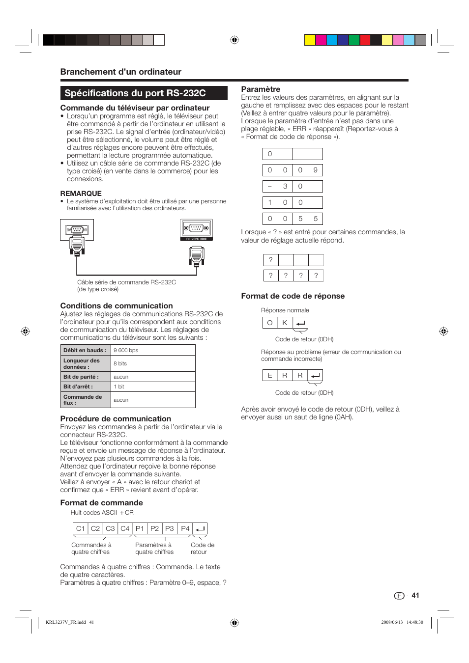 Spécifications du port rs-232c, Branchement d’un ordinateur | Pioneer KRL-32V User Manual | Page 92 / 340