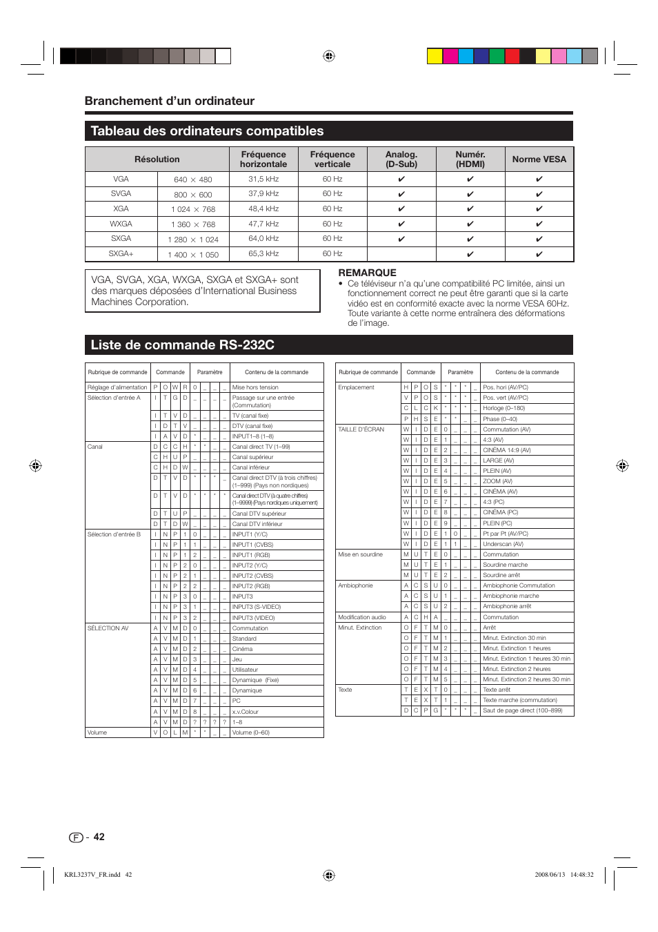 Tableau des ordinateurs compatibles, Liste de commande rs-232c, Branchement d’un ordinateur | Remarque | Pioneer KRL-32V User Manual | Page 93 / 340