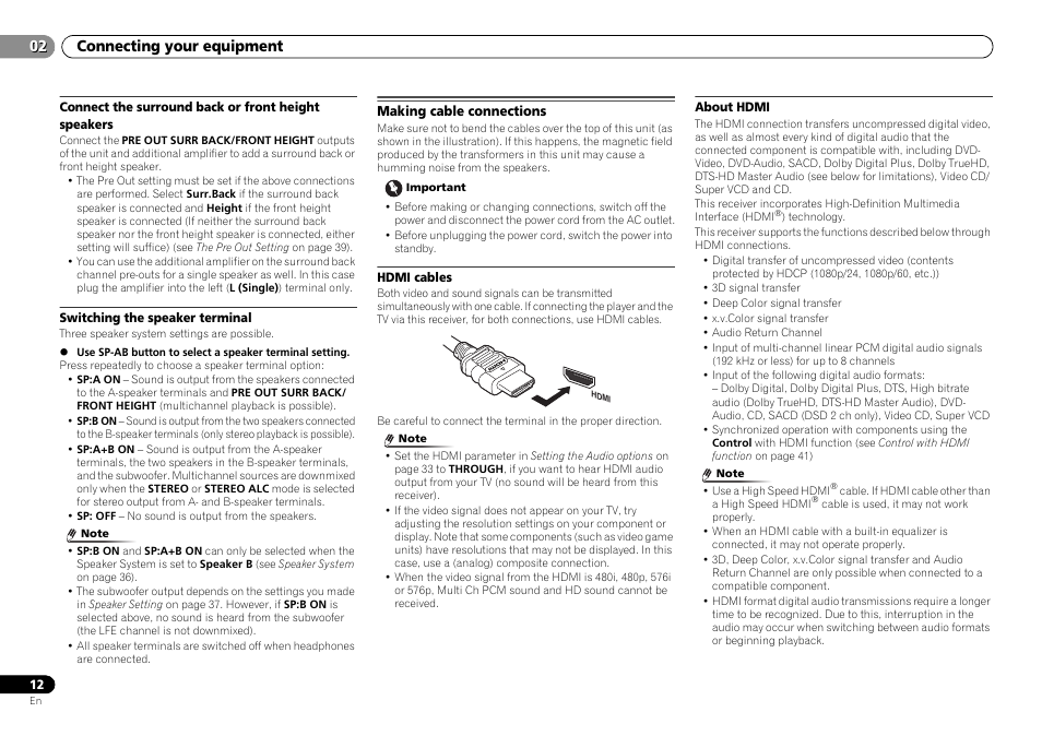 Connect the surround back or front height speakers, Switching the speaker terminal, Making cable connections | Hdmi cables, About hdmi, Connecting your equipment 02 | Pioneer VSX-S500-S User Manual | Page 12 / 56