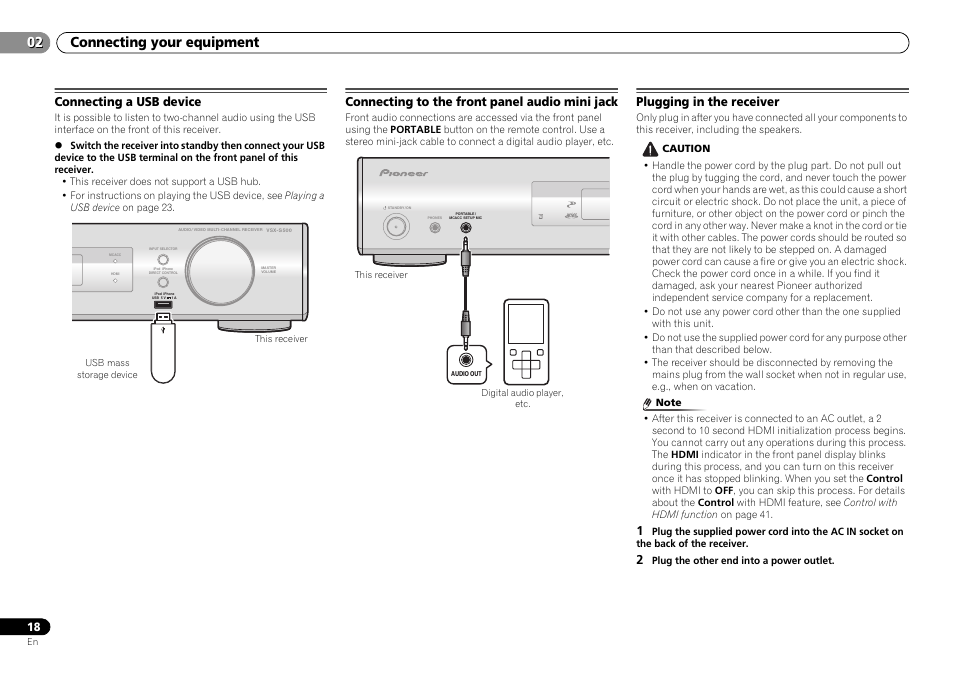 Connecting a usb device, Connecting to the front panel audio mini jack, Plugging in the receiver | Connecting your equipment 02 | Pioneer VSX-S500-S User Manual | Page 18 / 56