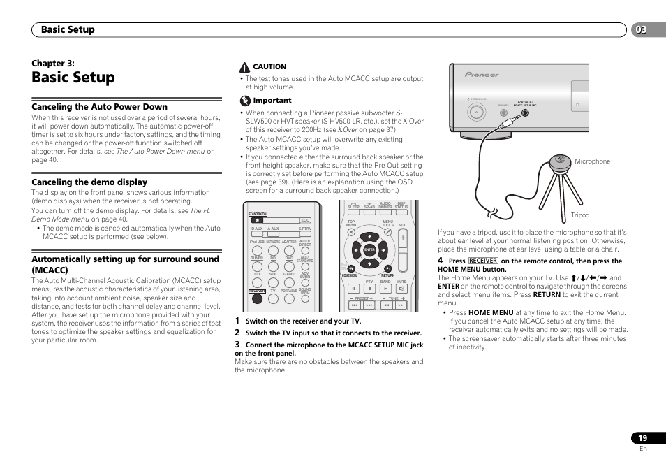 Basic setup, Canceling the auto power down, Canceling the demo display | 03 basic setup, Chapter 3 | Pioneer VSX-S500-S User Manual | Page 19 / 56