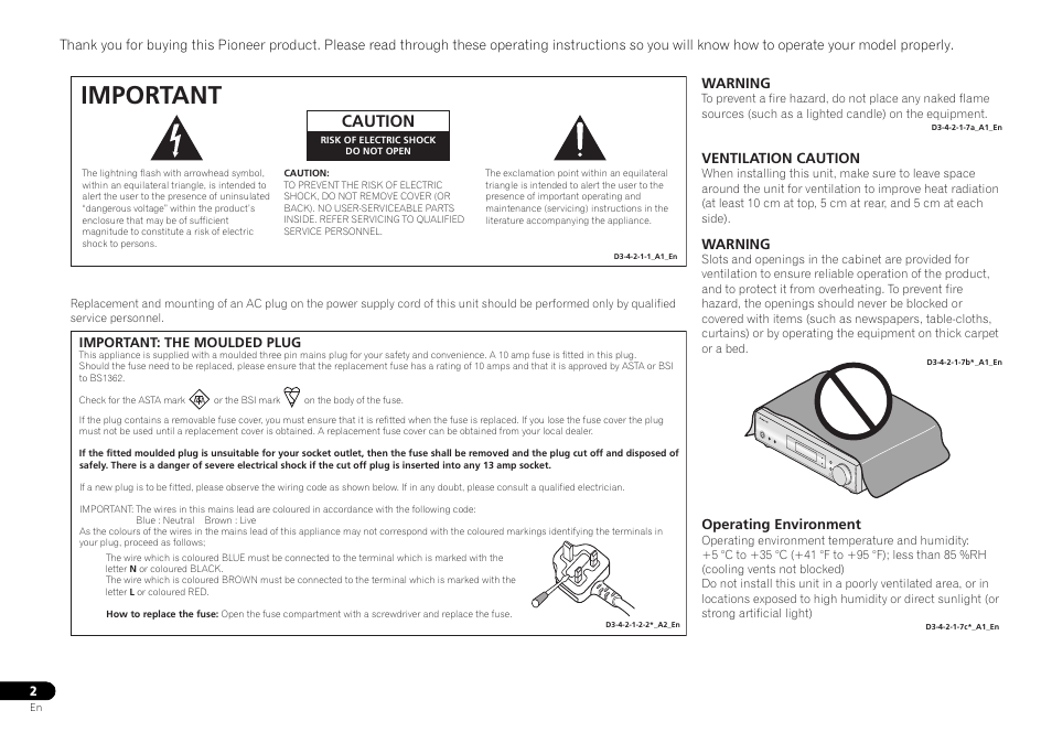 Important, Caution, Warning | Ventilation caution, Operating environment | Pioneer VSX-S500-S User Manual | Page 2 / 56