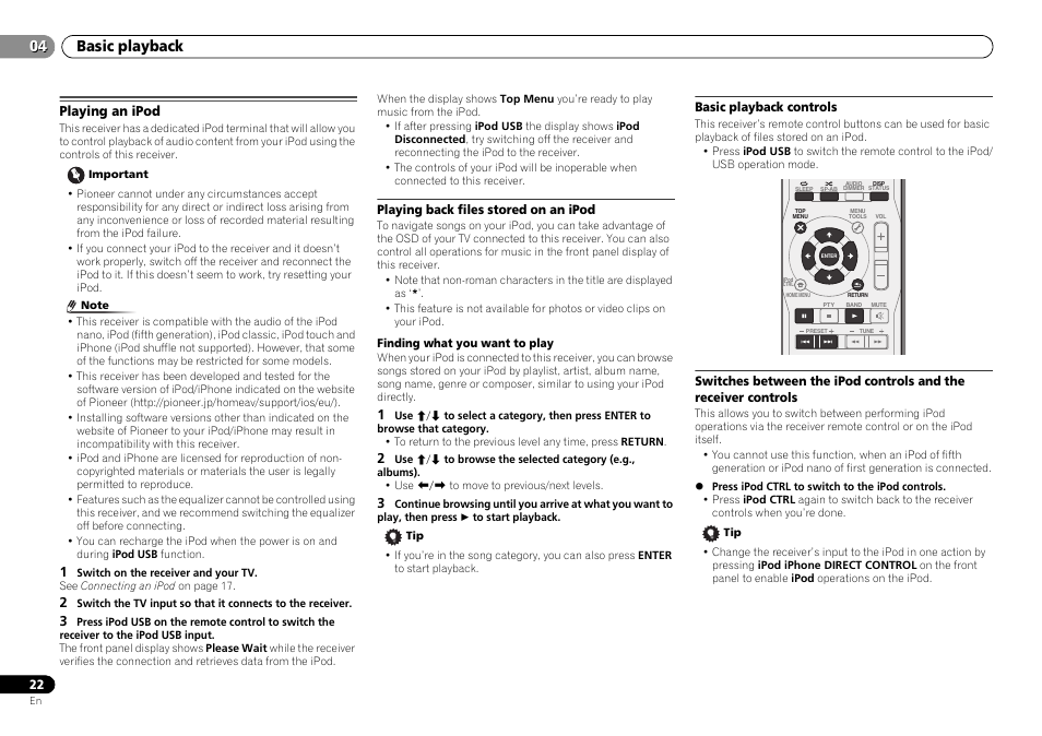 Playing an ipod, Playing back files stored on an ipod, Basic playback controls | Basic playback 04 | Pioneer VSX-S500-S User Manual | Page 22 / 56