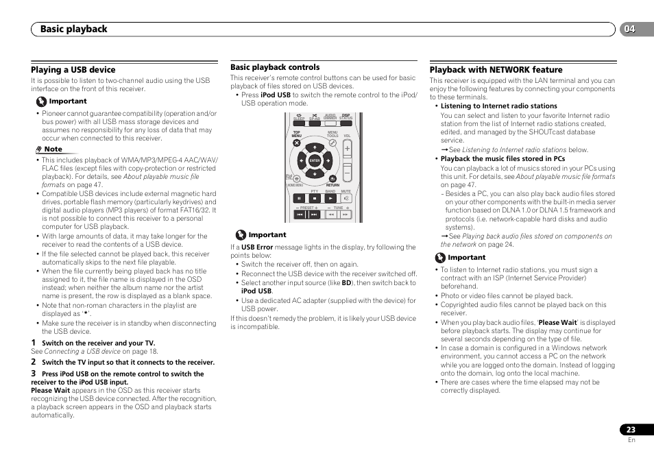 Playing a usb device, Basic playback controls, Playback with network feature | Basic playback | Pioneer VSX-S500-S User Manual | Page 23 / 56