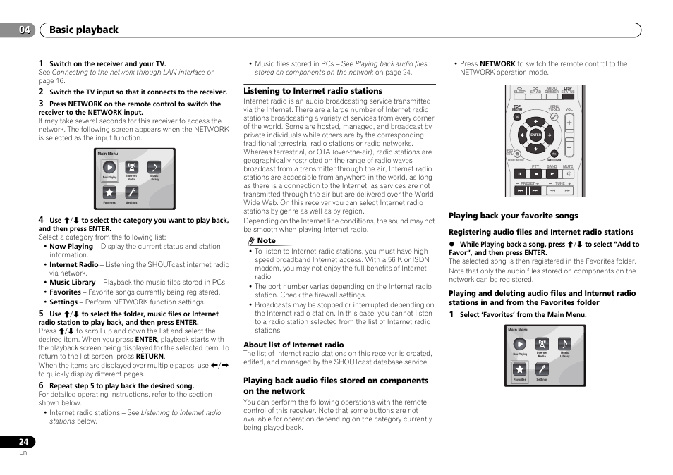 Listening to internet radio stations, Playing back your favorite songs, Basic playback 04 | Pioneer VSX-S500-S User Manual | Page 24 / 56