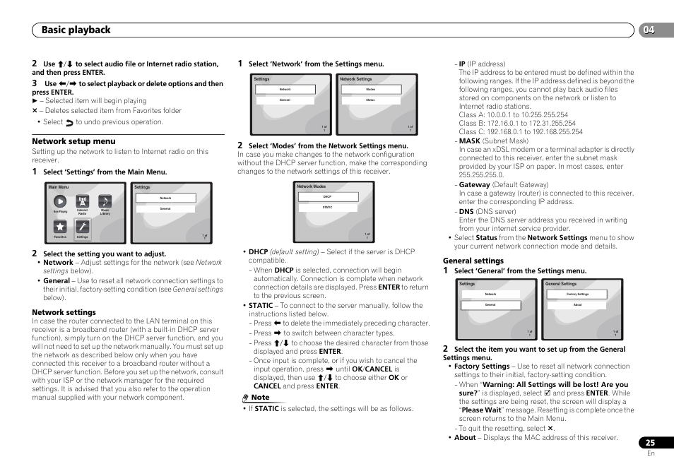 Network setup menu, Basic playback | Pioneer VSX-S500-S User Manual | Page 25 / 56