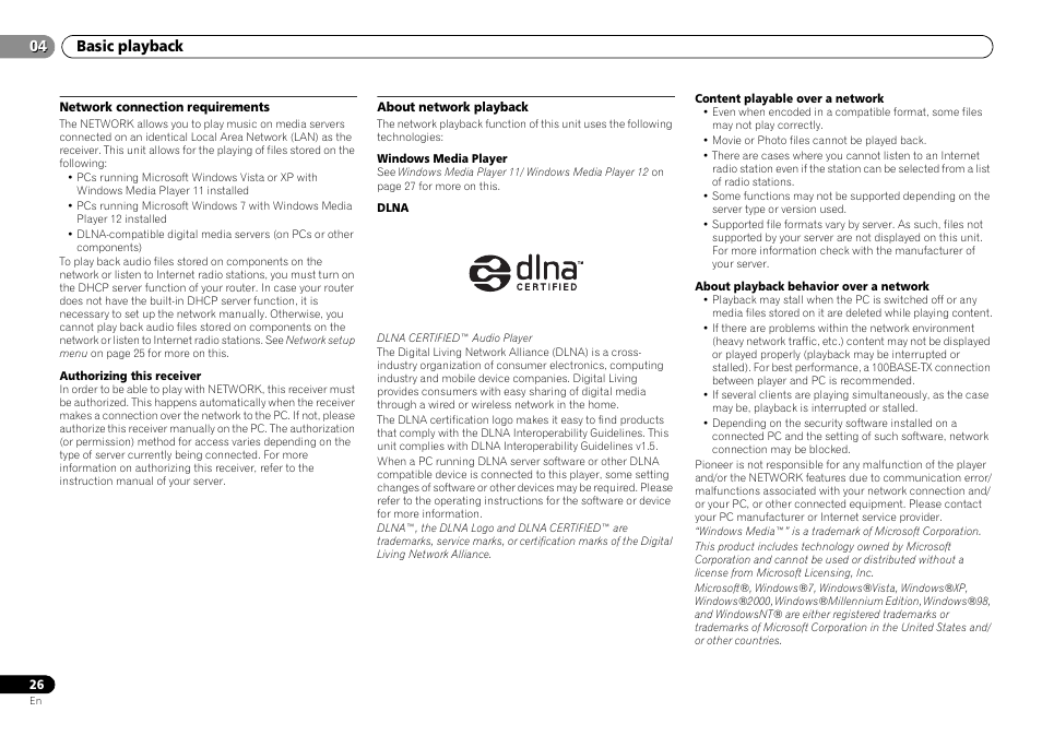 Network connection requirements, About network playback, Basic playback 04 | Pioneer VSX-S500-S User Manual | Page 26 / 56